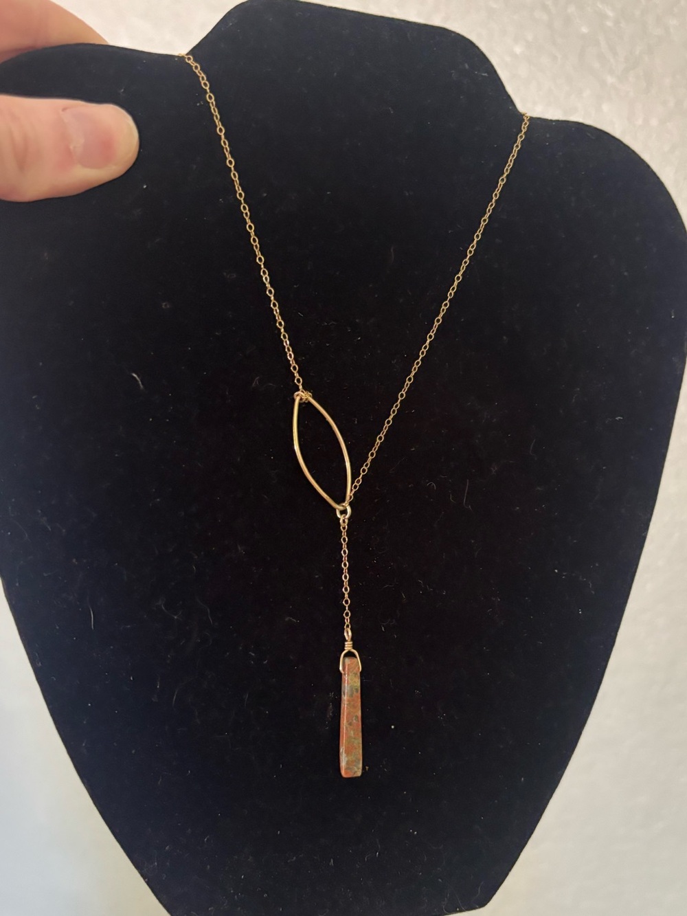 14K GF Gold-Filled Lariat Necklace Unique Oval Loop Stone Drop Chain 17"